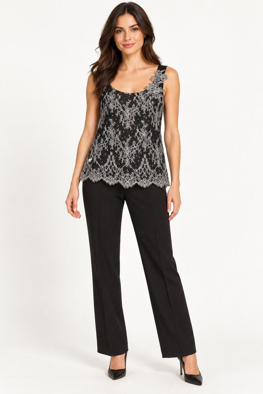 St. John Black Silver Lace Sequin Evening Tank Top Petite P Made USA